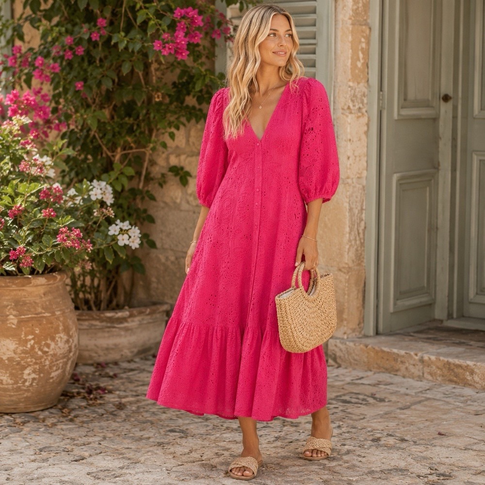 Zara The Marta Dress Embroidered Puff Sleeve Eyelet Button Down Summer Resort XS